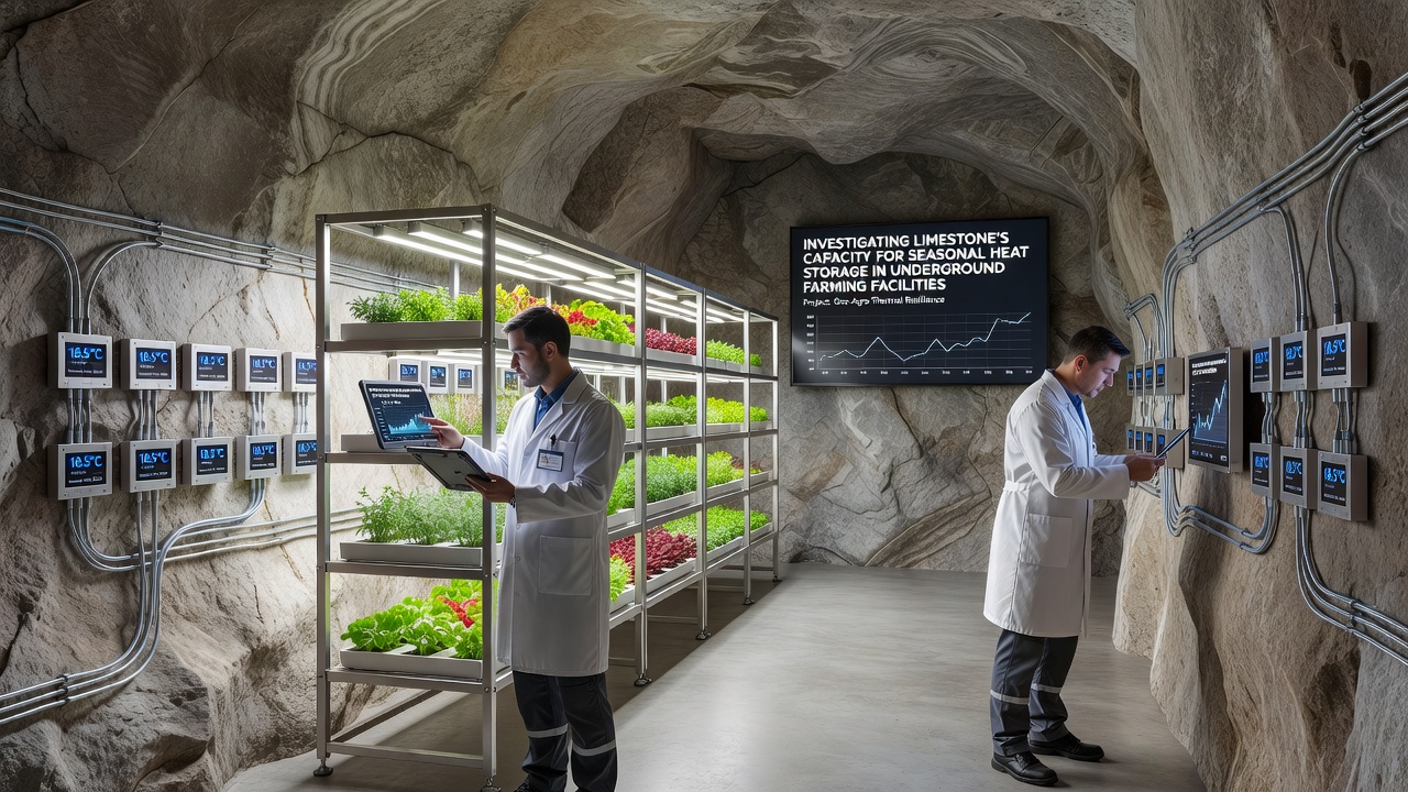 Cross-section view of limestone heat storage system installed beneath an underground farm in a temperate region