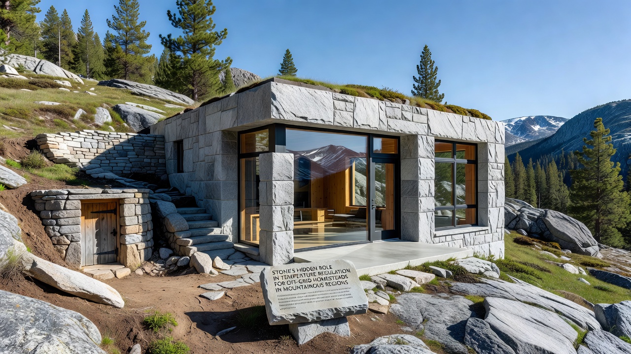 Cross-section view of stone thermal mass installation in a mountain cabin showing heat flow patterns