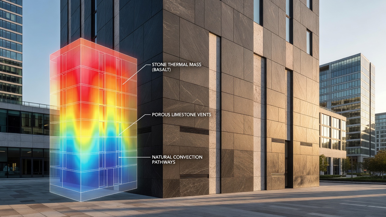 Cross-section view of stone thermal mass walls in modern urban passive cooling systems